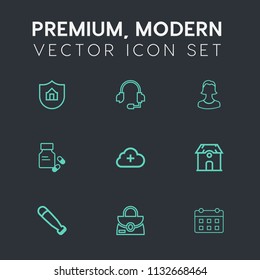 Modern, simple vector icon set on dark grey background with pharmacy, avatar, house, style, sound, human, property, timetable, add, center, time, wood, audio, call, safety, microphone, business icons