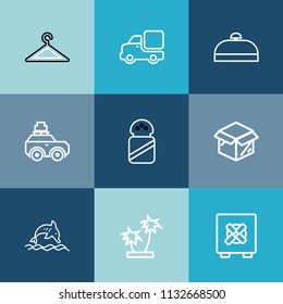 Modern, simple vector icon set on colorful blue backgrounds with animal, food, unpacking, shop, wildlife, tree, bag, luggage, fashion, tropical, lorry, package, new, rack, lock, bank, traffic icons