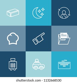 Modern, simple vector icon set on colorful blue backgrounds with person, moonlight, computer, refresh, travel, baggage, finger, background, profile, moon, car, quality, people, block, laptop icons