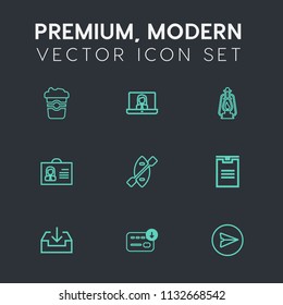 Modern, simple vector icon set on dark grey background with message, video, delivery, young, boat, sack, metal, computer, download, cappuccino, paddle, call, mug, lantern, business, online, cup icons