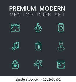 Modern, simple vector icon set on dark grey background with phone, transportation, human, space, aluminum, profile, object, tin, metal, sea, people, sport, clothing, vessel, note, technology icons