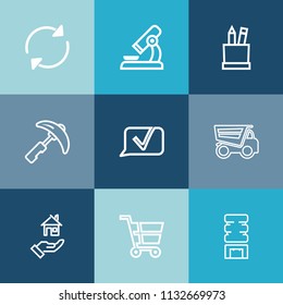 Modern, simple vector icon set on colorful blue backgrounds with biology, medical, picking, dumper, construction, property, dump, pencil, button, industry, chat, white, repeat, box, home, shop icons