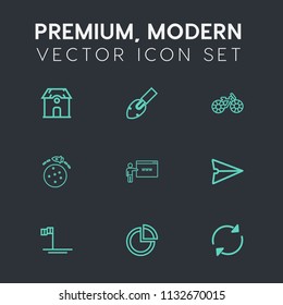 Modern, simple vector icon set on dark grey background with building, mexico, home, pie, bike, presentation, hammer, planet, tool, screwdriver, house, go, arrow, equipment, email, estate, cycle icons