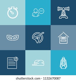 Modern, simple vector icon set on colorful blue backgrounds with hat, station, fashion, folk, countdown, user, clock, store, masquerade, web, radio, instrument, lantern, timer, music, estate icons