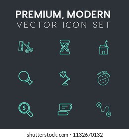 Modern, simple vector icon set on dark grey background with sand, web, hourglass, timer, record, magnifying, comb, search, camera, hair, countdown, hairdresser, position, travel, time, concept icons