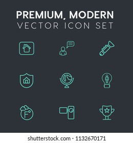 Modern, simple vector icon set on dark grey background with people, scale, idea, estate, reward, protect, creative, movie, property, chatting, message, business, musical, temperature, globe, new icons