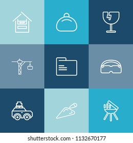 Modern, simple vector icon set on colorful blue backgrounds with market, window, modern, customer, shovel, shattered, fashion, object, hammer, file, luggage, shop, suitcase, vandalism, equipment icons
