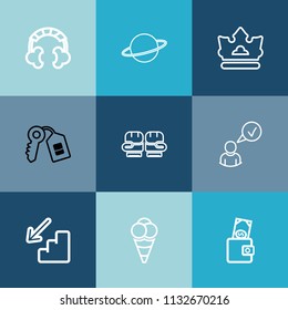 Modern, simple vector icon set on colorful blue backgrounds with online, wallet, sign, stereo, galaxy, glove, boxing, door, queen, competition, cream, space, money, sport, internet, fight, up icons