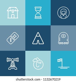 Modern, simple vector icon set on colorful blue backgrounds with real, property, young, monster, baja, character, alien, lady, domino, estate, girl, scale, technology, adventure, blue, play, row icons