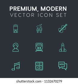Modern, simple vector icon set on dark grey background with person, accommodation, motivation, danger, train, musical, interior, finance, sos, sound, profile, shuttle, development, career, hotel icons