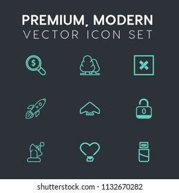 Modern, simple vector icon set on dark grey background with launch, website, earth, science, forest, love, parachute, security, jump, plant, usb, rocket, pine, extreme, plug, computer, nature icons