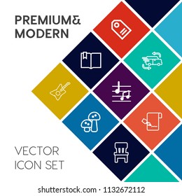 Modern, simple vector icon set on colorful flat background with white, document, price, musical, tag, fungus, interior, service, paper, music, list, retail, sound, comfortable, shipping, sign icons