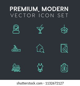 Modern, simple vector icon set on dark grey background with people, office, computer, juice, ocean, glass, customer, ice, party, support, download, woman, center, headset, bikini, summer, sale icons