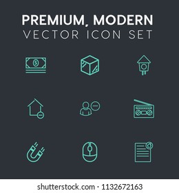 Modern, simple vector icon set on dark grey background with banking, finance, sign, delete, device, cash, computer, money, music, real, removal, wooden, bird, packaging, pole, package, mouse icons