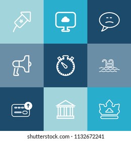 Modern, simple vector icon set on colorful blue backgrounds with greece, holiday, internet, pool, web, clock, europe, megaphone, celebrate, background, finance, swimming, fire, loudspeaker, chat icons