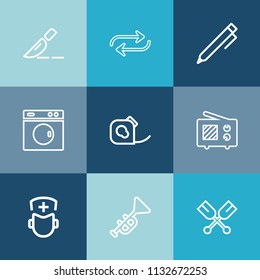 Modern, simple vector icon set on colorful blue backgrounds with change, treatment, hand, medicine, antenna, friction, operation, paddle, signal, hospital, man, surgeon, pencil, musical, write icons