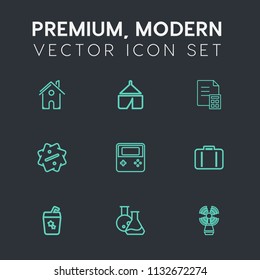 Modern, simple vector icon set on dark grey background with estate, sale, web, architecture, banking, modern, tool, building, technology, juice, laboratory, label, nature, camp, discount, home icons