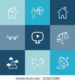 Modern, simple vector icon set on colorful blue backgrounds with blue, skateboard, media, sign, nature, real, satellite, construction, technology, video, weight, home, scale, skater, conference icons