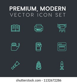 Modern, simple vector icon set on dark grey background with craft, astronomy, telescope, email, kettle, book, equipment, night, spaceship, water, textbook, message, post, white, hot, rocket, sky icons