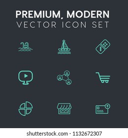 Modern, simple vector icon set on dark grey background with trolley, media, white, chart, cart, communication, shop, blue, graph, cruise, yacht, leisure, display, relax, healthy, finance, water icons