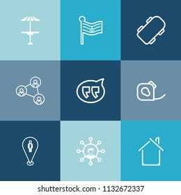 Modern, simple vector icon set on colorful blue backgrounds with country, skate, travel, house, national, electrical, table, friction, estate, nation, skater, counter, wooden, tape, display, pub icons