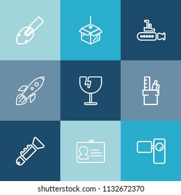 Modern, simple vector icon set on colorful blue backgrounds with retro, download, shuttle, internet, work, business, launch, tripod, camera, marine, destruction, boat, trumpet, id, box, document icons