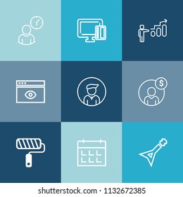 Modern, simple vector icon set on colorful blue backgrounds with motivation, brush, browser, internet, buy, work, success, financial, man, day, music, timetable, progress, guitar, bank, musical icons