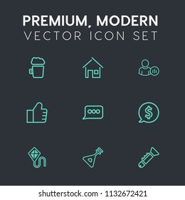 Modern, simple vector icon set on dark grey background with mug, string, frame, sky, beer, pint, real, web, find, architecture, house, message, folk, internet, online, estate, trumpet, lager icons