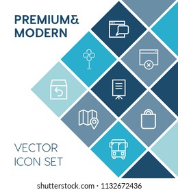 Modern, simple vector icon set on blue colorful background with presentation, communication, transport, shipping, transportation, location, object, online, website, propeller, sign, fan, speed icons