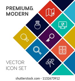 Modern, simple vector icon set on colorful flat background with geography, global, information, tooth, house, magnifying, diagram, money, key, ufo, lab, chart, medical, sign, equipment, glass icons