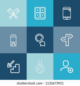 Modern, simple vector icon set on colorful blue backgrounds with web, touch, banking, fashion, direction, downstairs, cell, sea, phone, rowing, technology, finger, finance, button, up, necklace icons