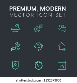 Modern, simple vector icon set on dark grey background with interior, home, headset, apartment, protect, speech, new, clock, call, shield, freelancer, profile, white, dollar, male, online, bath icons