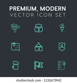 Modern, simple vector icon set on dark grey background with protection, camcorder, national, america, map, white, cream, flag, pin, road, security, film, bar, tent, camp, protect, professional icons