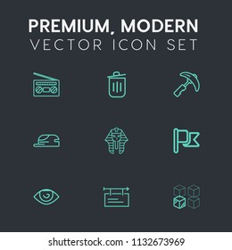 Modern, simple vector icon set on dark grey background with volume, poster, egyptian, relocation, fashion, recycling, hat, eye, crane, human, recycle, national, record, package, house, banner icons