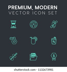 Modern, simple vector icon set on dark grey background with pump, countdown, cello, first, winner, boat, equipment, science, achievement, paper, oar, violoncello, tooth, drink, music, dental icons