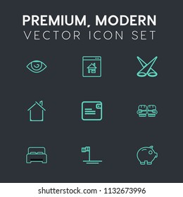 Modern, simple vector icon set on dark grey background with building, economy, cash, baja, buy, fight, hand, mexico, scene, internet, house, mouth, architecture, spotlight, property, finance icons