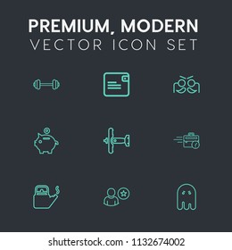 Modern, simple vector icon set on dark grey background with scary, fit, computer, cash, strength, online, bank, ghost, hot, military, horror, wallet, water, party, healthy, steam, sitting, late icons