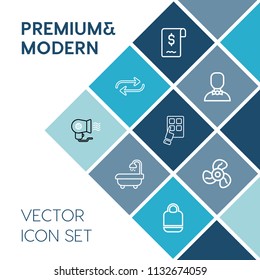 Modern, simple vector icon set on blue colorful background with internet, social, profile, sign, hair, device, business, document, blowing, concept, change, male, ventilator, modern, air, home icons