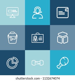 Modern, simple vector icon set on colorful blue backgrounds with bag, snack, dollar, fitness, workout, handle, portrait, meal, money, cash, beautiful, exercise, pail, woman, business, wallet icons