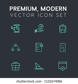 Modern, simple vector icon set on dark grey background with business, delivery, aviation, sign, people, style, checklist, cash, package, bottle, box, clean, structure, page, finance, liquid, fly icons