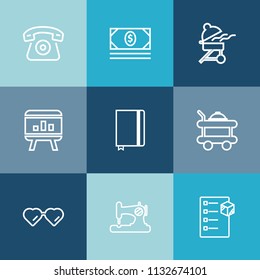 Modern, simple vector icon set on colorful blue backgrounds with meat, delivery, cell, checklist, glasses, telephone, bank, food, notebook, hotel, coin, cellphone, technology, currency, chart icons