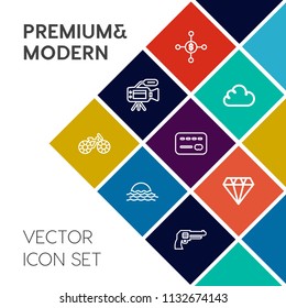 Modern, simple vector icon set on colorful flat background with investment, wheel, currency, web, crystal, bike, nature, lens, money, credit, cycle, transportation, jewelry, tripod, morning, gem icons