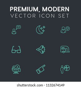 Modern, simple vector icon set on dark grey background with communication, direction, vehicle, star, night, social, moon, plane, aircraft, camera, showing, business, jet, message, pointing, van icons