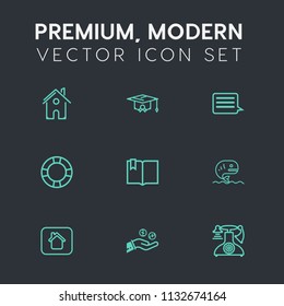 Modern, simple vector icon set on dark grey background with home, food, cap, coin, sea, construction, property, school, hand, finance, real, architecture, summer, vintage, college, building, web icons