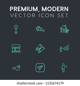 Modern, simple vector icon set on dark grey background with pointing, personal, development, bright, communication, message, showing, winner, holiday, meteor, web, vision, spy, shiny, backdrop icons