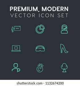Modern, simple vector icon set on dark grey background with web, temperature, chart, go, thermometer, pie, scale, forest, female, style, graph, search, headset, computer, data, shoe, profile icons