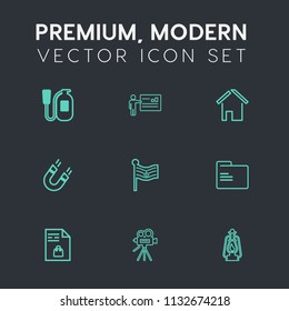 Modern, simple vector icon set on dark grey background with field, lantern, emergency, office, paper, businessman, metal, safety, fire, market, architecture, red, nation, flag, alarm, meeting icons