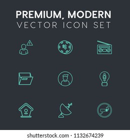 Modern, simple vector icon set on dark grey background with bird, record, antenna, social, chance, dish, blank, risk, radio, folder, concept, leisure, technology, male, music, idea, sign, alarm icons