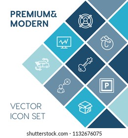 Modern, simple vector icon set on blue colorful background with targeting, internet, transportation, degree, concept, car, scale, profile, door, doctor, hospital, fahrenheit, fast, cardboard icons