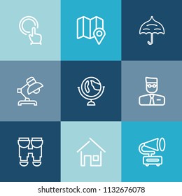 Modern, simple vector icon set on colorful blue backgrounds with planet, retro, rain, protection, house, vision, sign, view, world, record, globe, equipment, navigation, lamp, travel, parasol icons